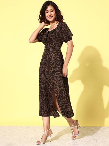ANVI Be Yourself Women Fit and Flare Brown, Black Midi/Calf Length Dress