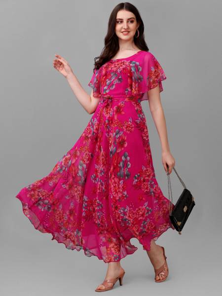 Fashion2wear Women Fit and Flare Pink, Grey, Red Maxi/Full Length Dress