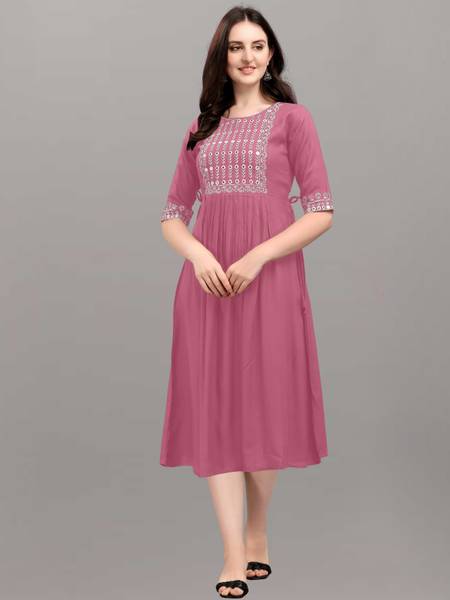 LEPZEP Women A-line Pink Midi/Calf Length Dress