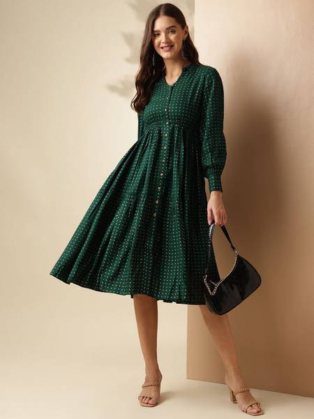 ANOUK Women Fit and Flare Green Midi/Calf Length Dress