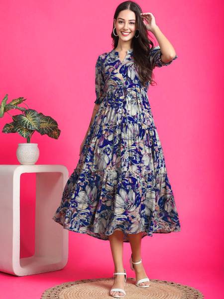 Presha Women Fit and Flare Blue Midi/Calf Length Dress