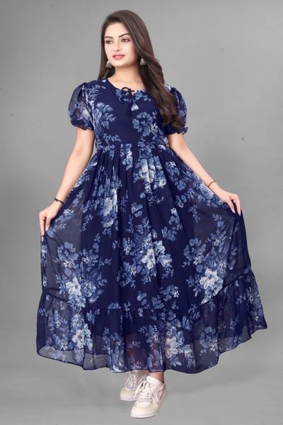 JAHU MART Women Pleated Blue Maxi/Full Length Dress