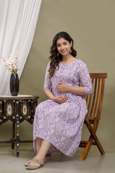 COTTON MULMUL STORE Women A-line Purple, White Midi/Calf Length Dress