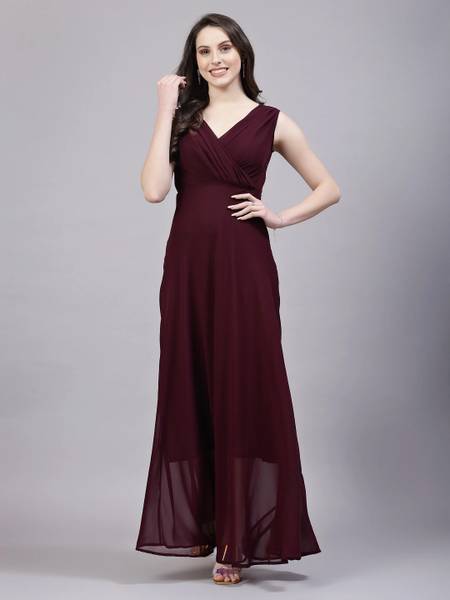 AAYU Women Fit and Flare Maroon Maxi/Full Length Dress