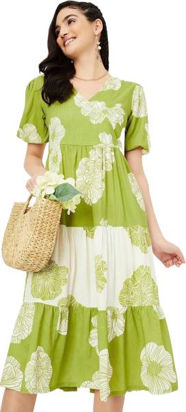 KUDEEO FASHION Women Maxi Light Green, White Dress