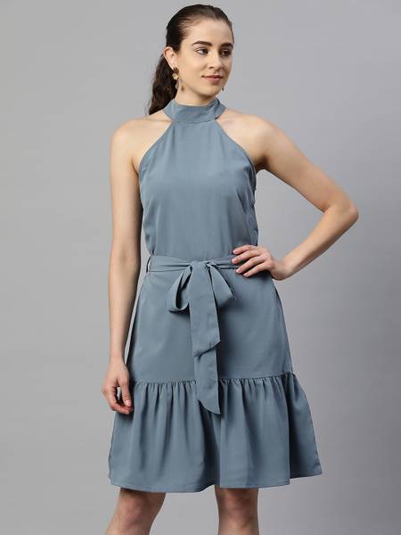 PLUSS Women Fit and Flare Grey Knee Length Dress