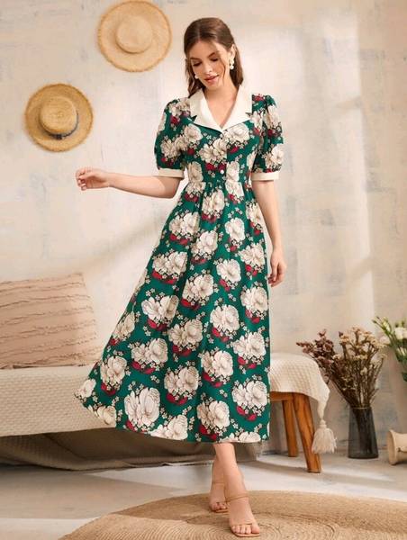 KI STUDIO Women Fit and Flare Green, Beige Maxi/Full Length Dress