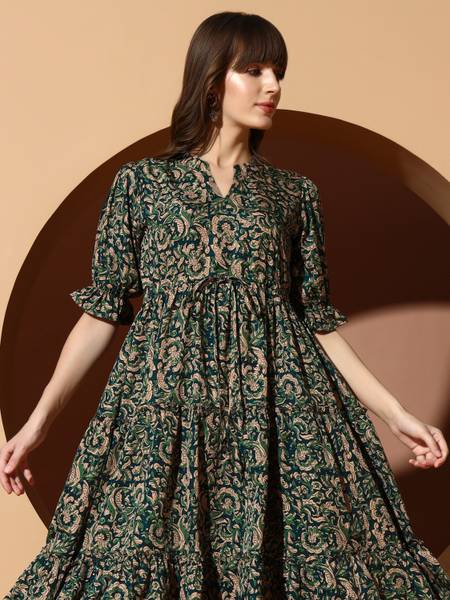 ZWERLON Women A-line Green Midi/Calf Length Dress