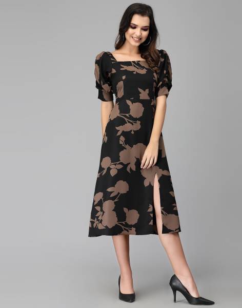 Selvia Women A-line Black, Brown Dress