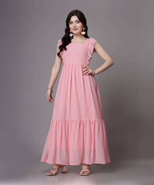 AAYU Women Fit and Flare Pink Midi/Calf Length Dress