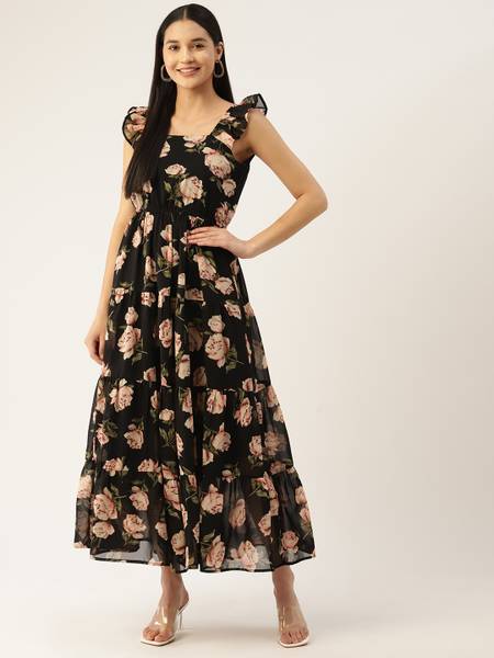 Deewa Women Fit and Flare Black Maxi/Full Length Dress