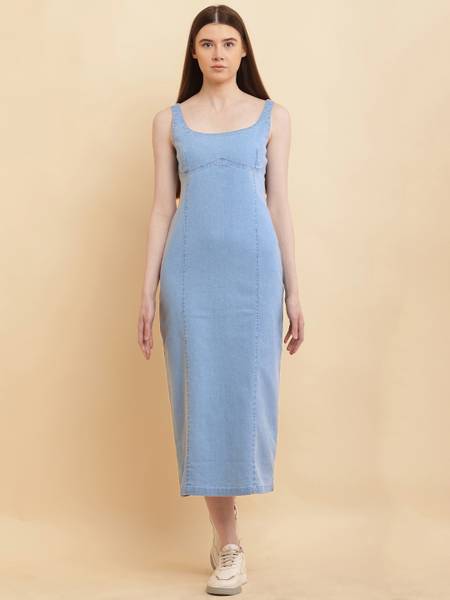 Puella Women A-line Light Blue Midi/Calf Length Dress