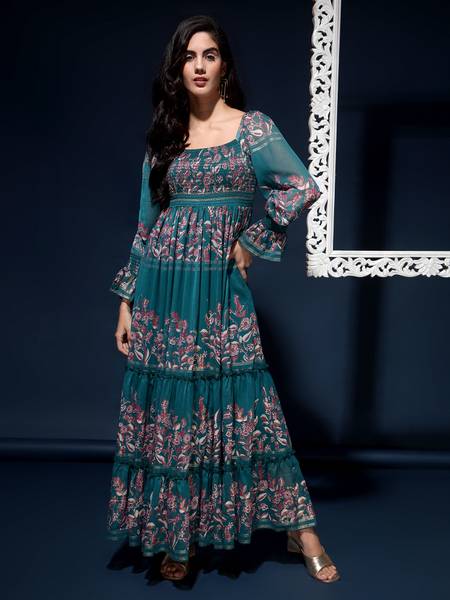 DRAPE AND DAZZLE Women Fit and Flare Green Maxi/Full Length Dress