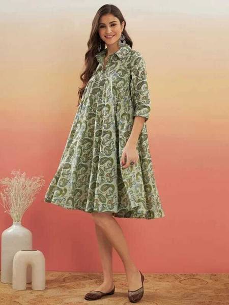 RILAKE Women Fit and Flare Green Knee Length Dress