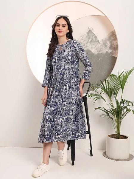 Taswak Women A-line Blue, White Midi/Calf Length Dress