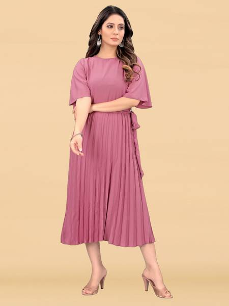 Deklook Women Pleated Pink Midi/Calf Length Dress