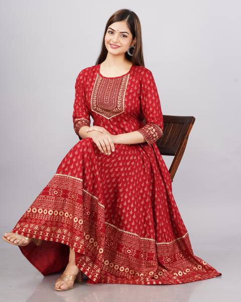 HouseOfCommon Women Ethnic Dress Maroon Ankle Length Dress