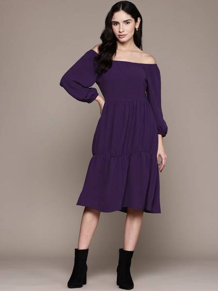 Roadster Women Fit and Flare Purple Knee Length Dress