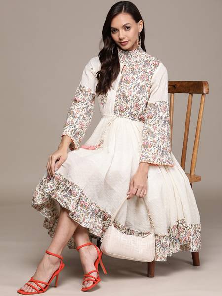 Ishin Women Empire Waist White Midi/Calf Length Dress
