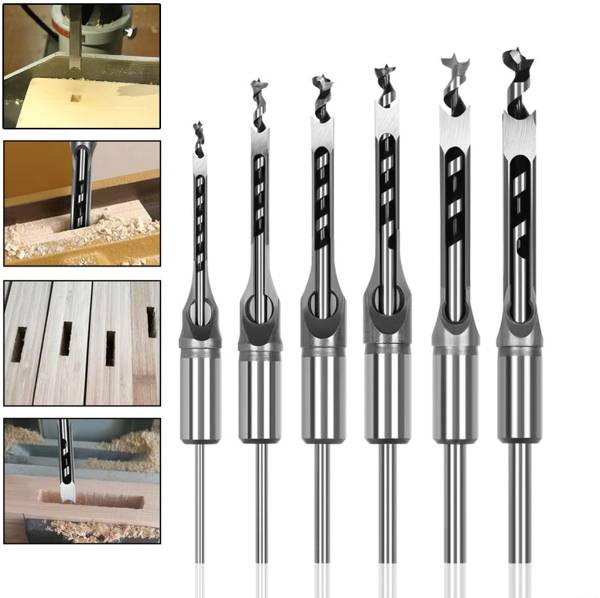 uptodateprouducts 6Pcs Square Hole Mortise Chisel Drill Bit Woodworking Hole Saw Square drill material steel Size (6mm)(8mm)(9.5mm)(10mm) (12mm) (14mm...