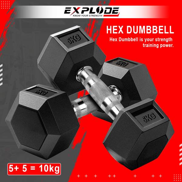 Explode Rubber Coated Hexa Dumbbell Set For Men & Women| 5 Kg Pair Fixed Weight Dumbbell