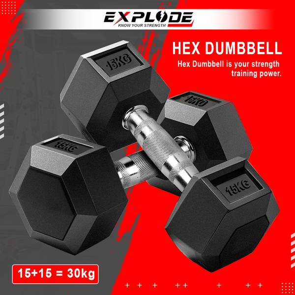 Explode Rubber Coated Hexa Dumbbell Set For Men & Women 15 Kg Pair Fixed Weight Dumbbell