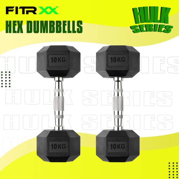 FITRXX Hex Rubber Coated Professional Exercise Gym Dumbbell Hulk Series 10 kg pair Fixed Weight Dumbbell