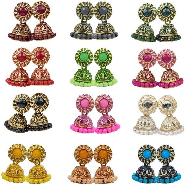 alysa Combo of 12 pair Small Colorful Traditional South Indian Temple Enamel Meena Alloy Jhumki Earring