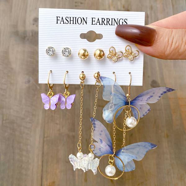 DESTINY JEWEL'S Latest Korean Design Multicolor Butterfly Dcor 6 Pair Drop & Stud Earrings Set Pearl Alloy Drops & Danglers