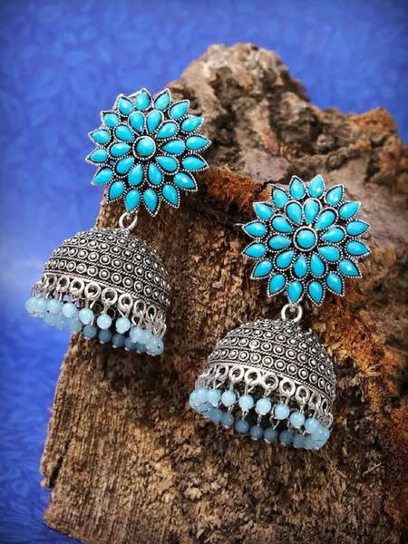 TANLOOMS Silver Sunflower Jhumka earrings for Girls and Women. (Firozi Color) Brass Jhumki Earring
