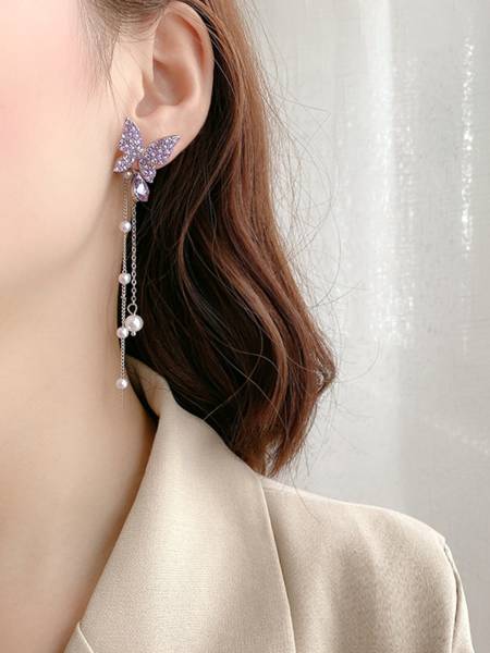 YELLOW CHIMES Earrings For Women Silver Tone Purple Crystal Butterfly Lever Back Drop Earrings Crystal Metal Drops & Danglers