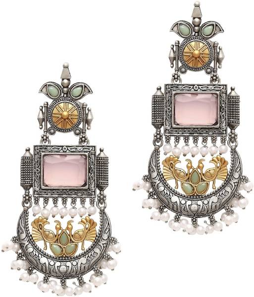 fabula Pink Stone Oxidised Ethnic Drop EarringsDual ToneParty-Wear Beads, Crystal Alloy Drops & Danglers