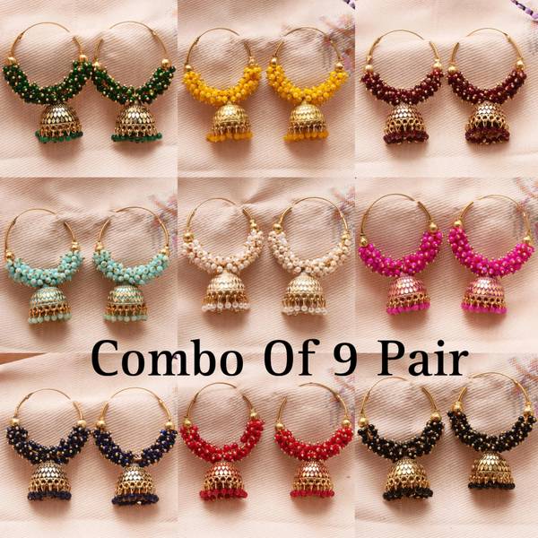 Kwickk Combo of 9 Pair Pearl Hoop Jhumka Earrings for Girls Alloy Jhumki Earring