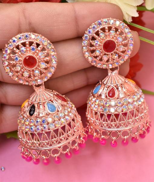 Meira Jewellery Traditonal Ethnic Studded ROSE GOLD Platted Big Jhumka Jhumki For Girl Alloy Jhumki Earring