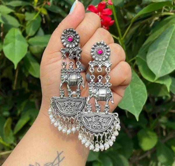 AR FASTION White Silver Oxidised Earrings Metal Chandbali Earring