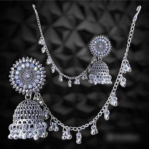 Homemet Silver Bahubali Earring for Women Jhumki Bahubali Baliyan Jhumka With Hair Chain Diamond White Metal Jhumki Earring