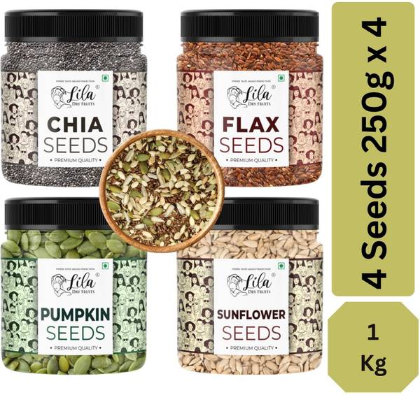 lila dry fruits 4 Superseed Combo(Chia/Pumpkin/Sunflower/Flax) 250gms each(1kg total)Jar Pack Pumpkin Seeds, Sunflower Seeds, Brown Flax Seeds, Chia S...