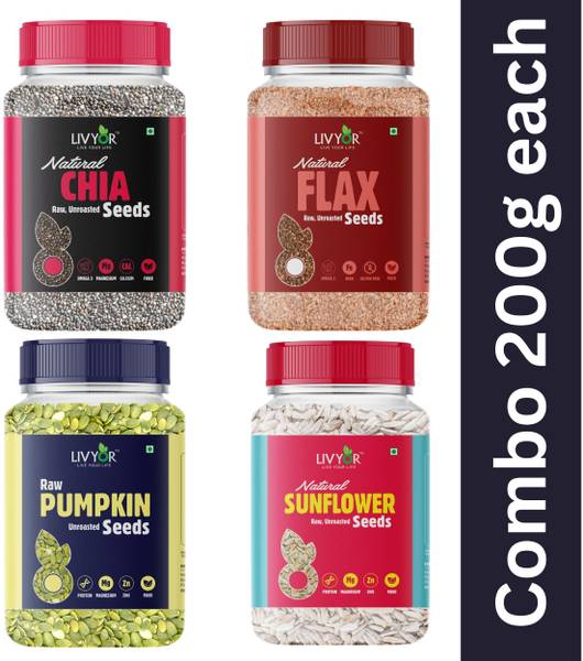 LIVYOR Raw Chia, Flax, Pumpkin, Sunflower Combo for Weight Loss Mix Seeds for eating Chia Seeds, Brown Flax Seeds, Pumpkin Seeds, Sunflower Seeds