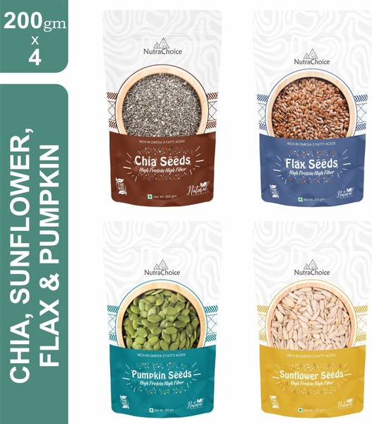 NutraChoice Combo Seed Pack (Chia, Flax, Sunflower, Pumpkin) Each 200gm Weight Loss Combo Chia Seeds, Brown Flax Seeds, Pumpkin Seeds, Sunflower Seeds