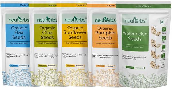 Neuherbs Organic Chia,Watermelon,Sunflower,Flax and Pumpkin Seeds Combo for Improved Bone Health-(chia seeds 200g + sunflower seeds 200g + pumpkin see...