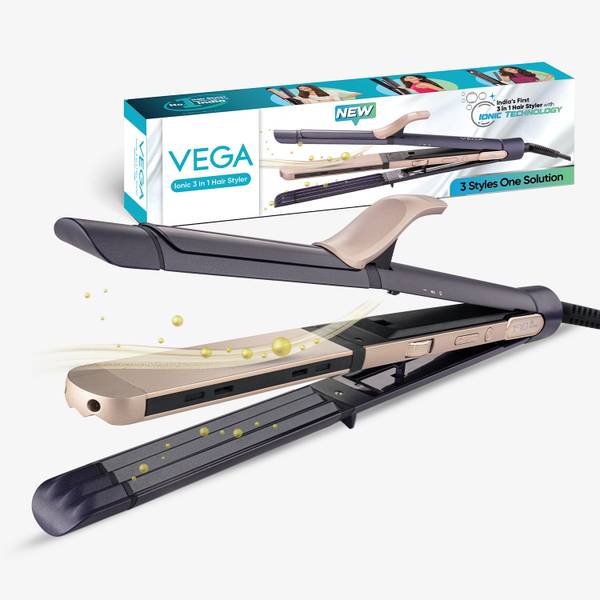 VEGA Ionic 3 in 1 : Hair Straightener, Curler & Crimper, VHSCC-08, Black Electric Hair Styler