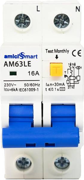 amiciSmart 16A RCBO, 220V Residual Current Circuit Breaker with Over Current Shock Proof, with On/Off Switch for Leakage Protection MCB