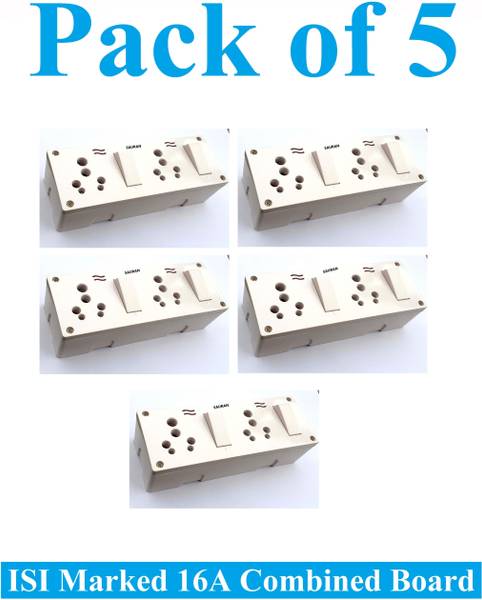Sauran Pack of 5 16A Combined Extension Board (2 Socket And 2 Switch) ESP32.3 16 A Six Pin Socket