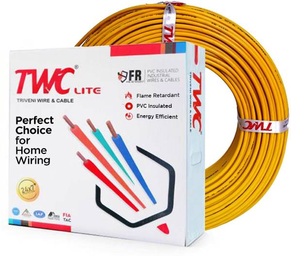 TWC Lite Single Core Electric Wire For Domestic & Industrial Purpose|PVC Copper Wire 4 sq/mm Yellow 90 m Wire