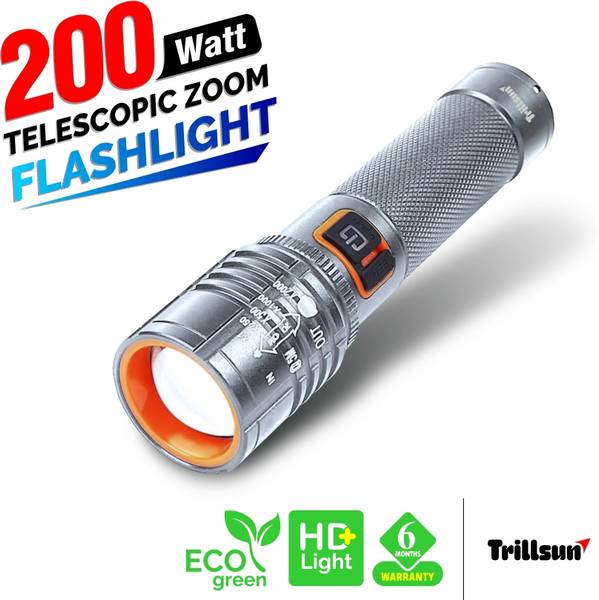 Trillsun Metal Body Zoomable torch 2 Km Long Range 5 Mode with SOS Blinker 5 hrs Torch Emergency Light