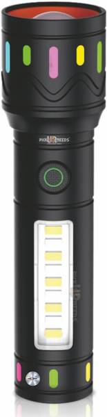 Pick Ur Needs Small Metal 100W Torch Light with 3 Mode + Side RWB COB Telescopic Zoom 5 hrs Torch Emergency Light
