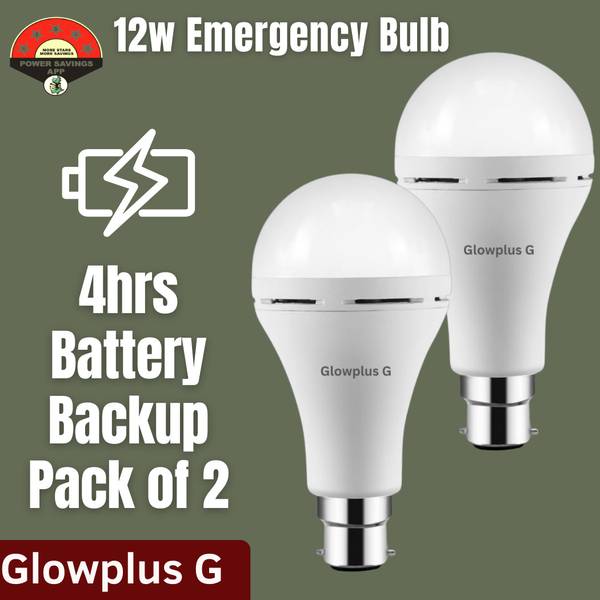 Glowplus G 12W Emergency Light Bulbs Pack of 2 | Smart Charging Backup Bulb Combo 3 hrs Bulb Emergency Light