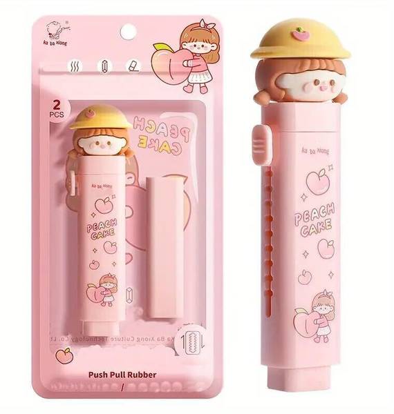 KLIDSHUSOZ TREASURE PEACH CAKE SLIDING RETRACTABLE ERASER PUSH-PULL RUBBER ERASER FOR SCHOOL STUDENT Non-Toxic Eraser