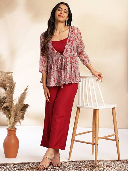 Janasya Women Crop Top Pant Ethnic Jacket Set