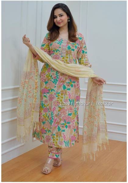 SI and KU Fabrics Embroidered Kurta, Palazzo & Dupatta Set